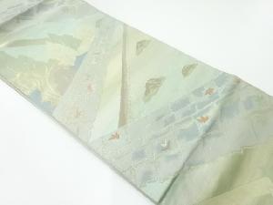 袋帯　アンティーク 袋帯 秀品 雪輪 草花 金糸 箔 茶緑色 六通 正絹 【中古】 袋帯